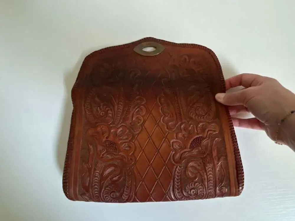 Vintage Hand-Tooled Floral Leather Clutch Purse with Turn-Lock Closure